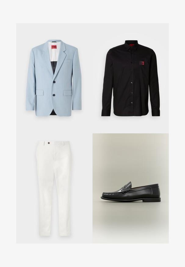 Lys blå blazer, enkeltrækket, to knapper, klippede kraver, forlommer, indvendig med sort foring, glat stofstruktur.; Sort langærmet skjorte lavet af glat stof, med knaplukning, klassisk krave og en lille rød mærke-patch på brystet.; Hvide bukser lavet af letvægtsstof, med lige ben, en enkelt brun knap i taljen og minimalistisk stil.; Sort læder herresko med moc-toe-design, penny-rem og lav hæl på en neutral baggrund.