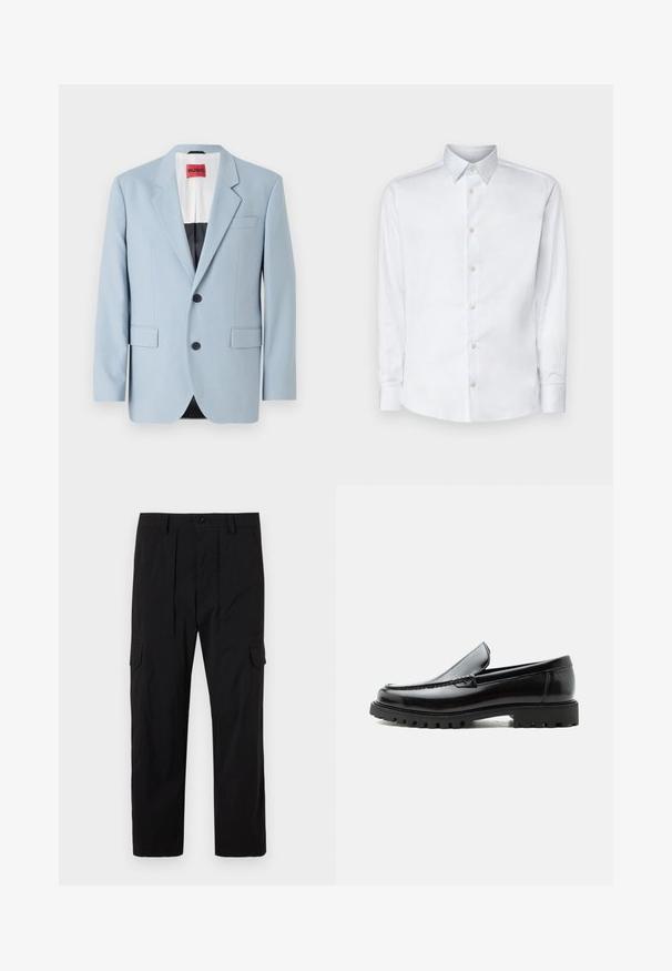 Blazer azul claro, de un solo botón, con dos botones, con solapas de pico, bolsillos frontales, interior con forro negro, textura de tela suave.; Camisa blanca de manga larga hecha de tela suave, con un cuello clásico, tapeta de botones y puños con botones, presentada sobre un fondo liso.; Pantalones cargo negros hechos de tejido ligero, con un diseño de pierna recta, pliegues delanteros, bolsillos laterales y cierre de botón.; Mocasín de cuero negro con suela de goma gruesa, empeine cosido y nombre de la marca en relieve en el talón, mostrado en perfil lateral sobre fondo blanco.