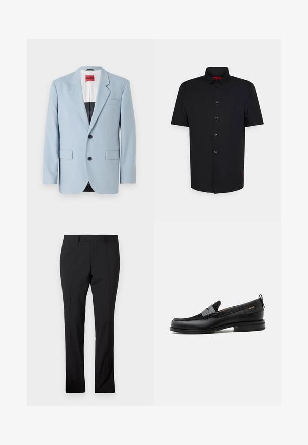 Lichtblauw blazer, enkelvoudig, met twee knopen, revers, voorzakken, interieur met zwarte voering, gladde stoftextuur.; Korte mouw zwarte button-up shirt gemaakt van een gladde stof, met een klassieke kraag en subtiele rode logo-detail aan de zoom.; Zwarte op maat gemaakte broeken met riemlussen, een voorkreuk en een rechte pijp op een effen witte achtergrond.; Zwarte leren loafer met grijs riemdetailelement, lage hak en gestructureerde zool, aan de zijkant gebrandmerkt met "HUGO" in goud.
