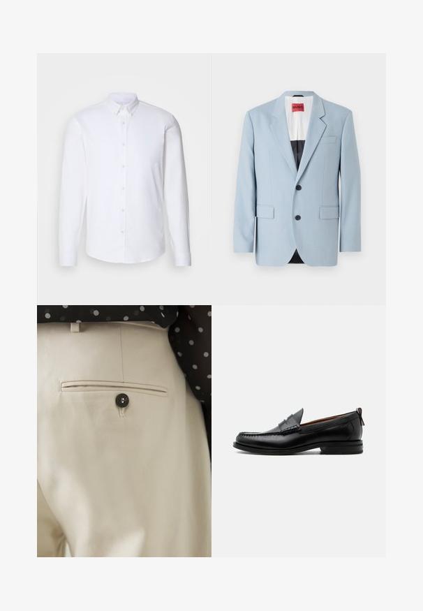 Lichtblauw blazer, enkelvoudig, met twee knopen, revers, voorzakken, interieur met zwarte voering, gladde stoftextuur.; Witte langharige overhemd met knopen gemaakt van een gladde stof, met een klassieke kraag, acht knopen aan de voorkant en standaard manchetten.; Beige broek met een gestructureerde stof en een achterzak, gesloten met een zwarte knoop. Subtiele stikselaccenten langs de zak.; Zwarte leren herensloffen met moc toe stiksel, pennyriem, gestructureerde kraag en lage gestapelde hak op witte achtergrond.