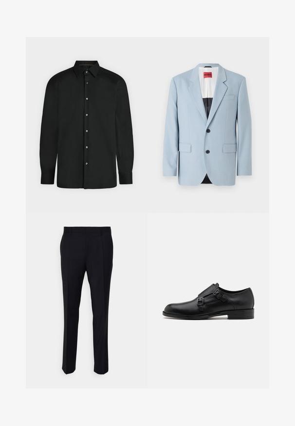 Lys blå blazer, enkeltrækket, to knapper, klippede kraver, forlommer, indvendig med sort foring, glat stofstruktur.; Sort skjorte med lange ærmer, knapper foran, spids krave og knapmanchetter, vist mod en ensformet lys baggrund.; Sorte bukser lavet af vævet stof, med en skræddersyet pasform, flad front, sidelommer og lige ben-design.; Sort læderherresko med dobbelte spænder, slank silhuet og rund tå. Har en lav hæl og glat tekstur.
