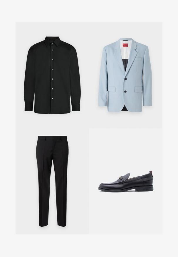Lys blå blazer, enkeltrækket, to knapper, klippede kraver, forlommer, indvendig med sort foring, glat stofstruktur.; Sort skjorte med lange ærmer, knapper foran, spids krave og knapmanchetter, vist mod en ensformet lys baggrund.; Sorte skræddersyede bukser lavet af glat stof, med lige ben, raffinerede folder og en klassisk talje med bæltestropper.; Sort lædermokasin med grå tekstureret forfod, sølvfarvet metalspænde, lav hæl og trækflap bagpå.