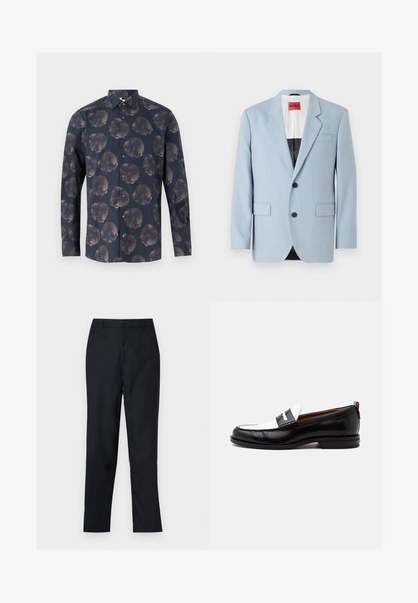 Blazer bleu clair, à un bouton, deux boutons, revers crantés, poches avant, intérieur avec doublure noire, texture de tissu lisse.; Chemise à manches longues de couleur bleu marine foncé avec un motif floral comprenant de grandes fleurs atténuées. Fermeture à boutons à l'avant avec col classique et texture en tissu.; Pantalon bleu marin en tissu lisse, avec un design à jambe droite, une fermeture à bouton unique et de légères plis avant.; Mocassin en cuir noir et blanc avec des détails cousus, un petit talon et un design slip-on, présenté de profil sur un fond uni.