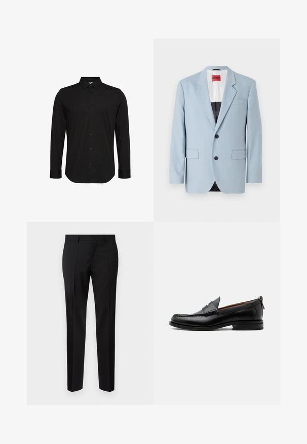 Hellblaues Sakko, einreihig, mit zwei Knöpfen, Reverskragen, Vordertaschen, Innenfutter mit schwarzer Biesen, glatte Stofftextur.; Schwarzes Langarmhemd aus glattem Stoff, mit spitzem Kragen, Knopfleiste vorne und kleinem Logo auf der Brust.; Schwarze maßgeschneiderte Hosen aus glattem Stoff, mit geradem Bein, feinen Bügelfalten und einem klassischen Bund mit Gürtelschlaufen.; Schwarzer Leder-Herrenschuh mit Mokassinnaht, Penny-Riemen, strukturiertem Kragen und niedrigem gestapeltem Absatz auf weißem Hintergrund.