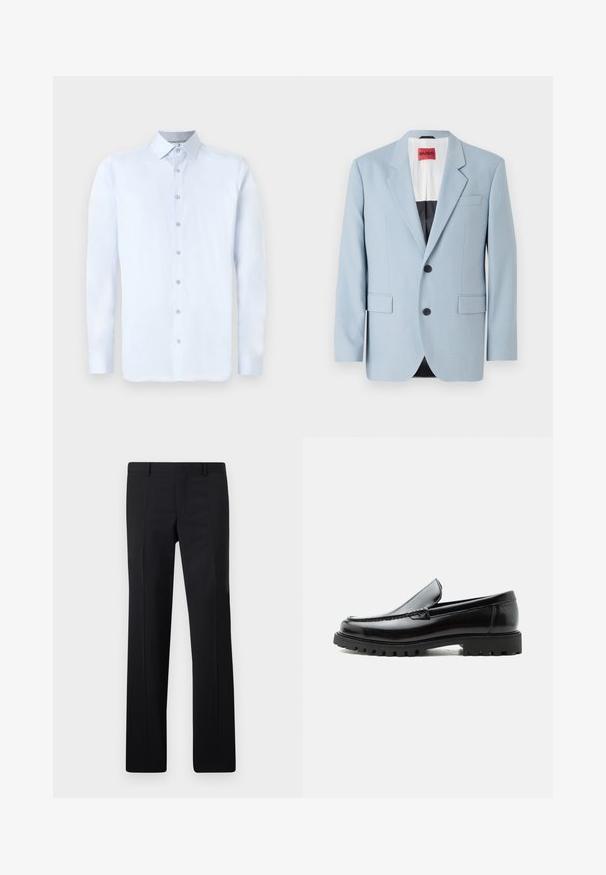 Blazer bleu clair, à un bouton, deux boutons, revers crantés, poches avant, intérieur avec doublure noire, texture de tissu lisse.; Chemise à manches longues bleu clair avec un col pointu, fermeture à boutons à l'avant et texture lisse. Présente des accents de boutons argentés sur le plastron.; Pantalons noirs ajustés avec une coupe droite, des plis marqués et une finition lisse. Fabriqués en tissu léger avec une taille nette.; Mocassin en cuir noir avec semelle en caoutchouc épaisse, dessus cousu et nom de marque embossé sur le talon, présenté de profil sur fond blanc.