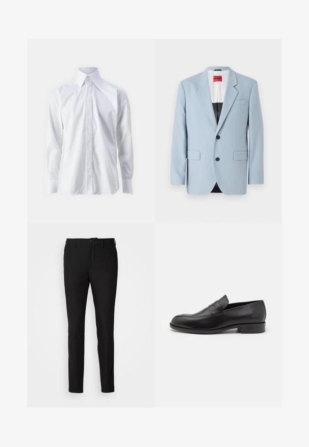 Lys blå blazer, enkeltrækket, to knapper, klippede kraver, forlommer, indvendig med sort foring, glat stofstruktur.; Hvid langærmet skjorte lavet af glat stof, med klassisk krave, knaplukning og en diskret broderet logo nederst til venstre.; Sorte bukser med slim fit, der har en knaplukning, lynlås og to forlommer. Glat stof med mat overflade.; Sorte læder loafers med rund tå og subtile syninger. Glat tekstur og lav hæl med branding på bagsiden.