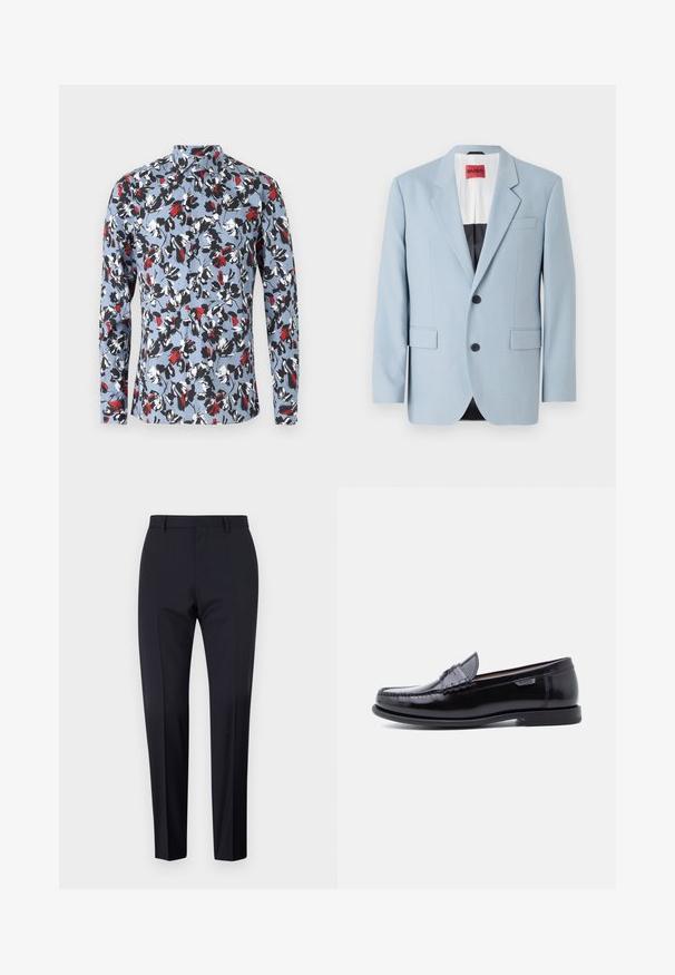 Lys blå blazer, enkeltrækket, to knapper, klippede kraver, forlommer, indvendig med sort foring, glat stofstruktur.; Lynlange skjorte med knapper i lyseblå med et blomstermønster i rød, sort og hvid. Har en krave og frontknaplukning.; Marineblå skrædderbukser, flad front, slim fit, med bæltestropper og sidelommer. Glat stof med en skarp finish, ingen synlige mønstre eller accent.; Sorte læderloafer med en blank finish, der har et syet mønster på tåen og en lav, tekstureret sort gummisål.