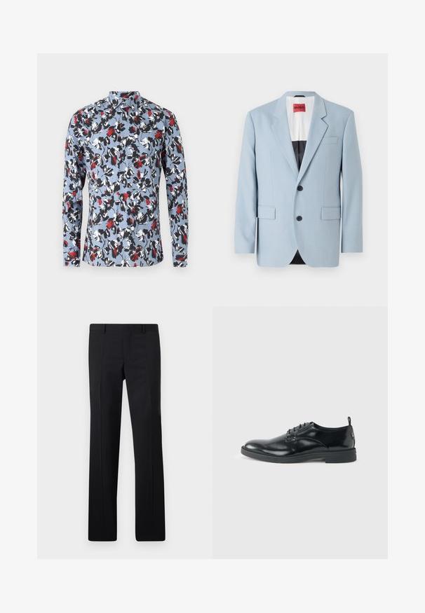 Hellblaues Sakko, einreihig, mit zwei Knöpfen, Reverskragen, Vordertaschen, Innenfutter mit schwarzer Biesen, glatte Stofftextur.; Langärmliges Hemd mit Knopfleiste in Hellblau, mit einem floralen Muster in Rot, Schwarz und Weiß. Verfügt über einen Kragen und eine Vorderknopfleiste.; Schwarze maßgeschneiderte Hose mit geradem Schnitt, scharfen Falten und glatter Oberfläche. Hergestellt aus leichtem Stoff mit einem sauberen Bund.; Glänzender schwarzer Lederschuh mit niedrigem Absatz, Schnürverschluss und runder Kappe, seitlich auf hellem, schlichten Hintergrund gezeigt.