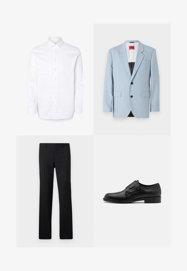 Blazer azul claro, de un solo botón, con dos botones, con solapas de pico, bolsillos frontales, interior con forro negro, textura de tela suave.; Camisa blanca de manga larga con cuello clásico y puños abotonados.; Pantalones negros ajustados con un diseño de pierna recta, pliegues marcados y un acabado suave. Fabricados en tejido ligero con una cintura limpia.; Zapato de vestir de cuero negro con doble hebilla, silueta elegante y punta redonda. Cuenta con un tacón bajo y una textura suave.