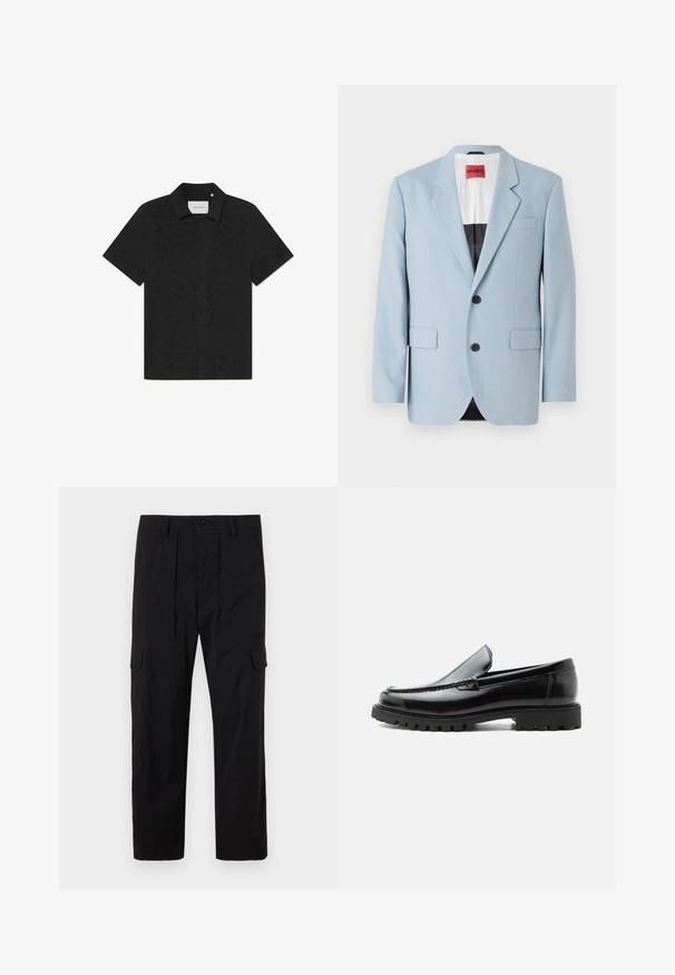 Blazer azul claro, de un solo botón, con dos botones, con solapas de pico, bolsillos frontales, interior con forro negro, textura de tela suave.; Camisa negra de manga corta hecha de una tela transpirable que presenta intrincados patrones de corte y un frente abotonado.; Pantalones cargo negros hechos de tejido ligero, con un diseño de pierna recta, pliegues delanteros, bolsillos laterales y cierre de botón.; Mocasín de cuero negro con suela de goma gruesa, empeine cosido y nombre de la marca en relieve en el talón, mostrado en perfil lateral sobre fondo blanco.