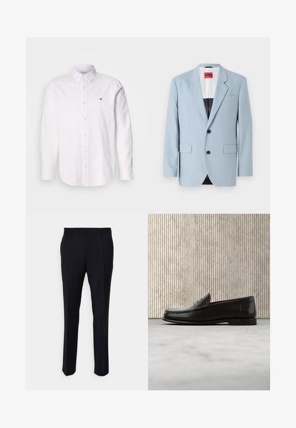 Lys blå blazer, enkeltrækket, to knapper, klippede kraver, forlommer, indvendig med sort foring, glat stofstruktur.; Hvid skjorte med knappelukning lavet af bomuld, med klassisk krave, lange ærmer og et lille CK-logo på venstre bryst. Glat tekstur.; Sorte bukser lavet af vævet stof, med en skræddersyet pasform, flad front, sidelommer og lige ben-design.; Sort læder penny loafer med lav hæl, rundet tå og syningsdetaljer langs fronten og siderne, vist på neutral baggrund.