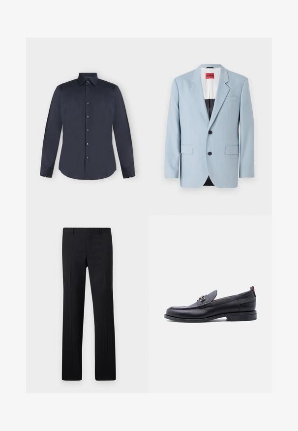 Blazer azul claro, de un solo botón, con dos botones, con solapas de pico, bolsillos frontales, interior con forro negro, textura de tela suave.; Camisa de vestir para hombre de manga larga en azul marino oscuro con botones, cuello puntiagudo y puños abotonados sobre un fondo gris claro.; Pantalones negros ajustados con un diseño de pierna recta, pliegues marcados y un acabado suave. Fabricados en tejido ligero con una cintura limpia.; Mocasín de cuero negro con empeine gris texturizado, detalle de hebilla metálica plateada, tacón bajo y lengüeta para tirar en la parte trasera.