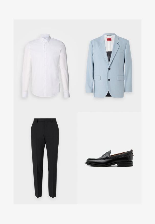 Lys blå blazer, enkeltrækket, to knapper, klippede kraver, forlommer, indvendig med sort foring, glat stofstruktur.; Hvid langærmet button-up skjorte lavet af bomuld, med en klassisk krave, frontknapper og minimal syning detalje.; Sorte bukser med et skræddersyet design, flad front, pressefolder og en slank pasform. Lavet af et glat stof for et elegant udseende.; Sort læder herre loafer med moc-tå syning, penny strop, struktureret krave og lav stablet hæl på hvid baggrund.