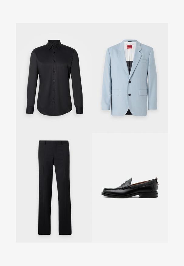 Hellblaues Sakko, einreihig, mit zwei Knöpfen, Reverskragen, Vordertaschen, Innenfutter mit schwarzer Biesen, glatte Stofftextur.; Schwarze Hemdbluse aus glattem Stoff, mit klassischem Kragen, langen Ärmeln und Knopfverschluss auf der Vorderseite.; Schwarze maßgeschneiderte Hose mit geradem Schnitt, scharfen Falten und glatter Oberfläche. Hergestellt aus leichtem Stoff mit einem sauberen Bund.; Schwarzer Leder-Herrenschuh mit Mokassinnaht, Penny-Riemen, strukturiertem Kragen und niedrigem gestapeltem Absatz auf weißem Hintergrund.