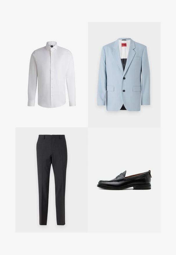 Blazer azul claro, de un solo botón, con dos botones, con solapas de pico, bolsillos frontales, interior con forro negro, textura de tela suave.; Camisa blanca de manga larga hecha de algodón suave, con un cuello clásico, botonera completa y puños abotonados. Diseño minimalista.; Pantalones tailored en gris oscuro con una textura suave, de corte ajustado, frente plano y pasadores para cinturón, diseñados para atuendos formales o de negocios.; Mocasín de hombre de piel negra con costura moc toe, tira penny, cuello texturizado y tacón bajo apilado sobre fondo blanco.