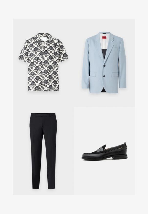 Lichtblauw blazer, enkelvoudig, met twee knopen, revers, voorzakken, interieur met zwarte voering, gladde stoftextuur.; Korte mouwen shirt met een bloemenpatroon in zwart op een crèmekleurige achtergrond, met een kraag en een ontspannen pasvorm.; Zwarte op maat gemaakte broek met een slim fit, met een platte voorkant, riemlussen en geen zichtbare patronen of accenten. Glad textuur.; Zwarte leren loafer met grijs riemdetailelement, lage hak en gestructureerde zool, aan de zijkant gebrandmerkt met "HUGO" in goud.