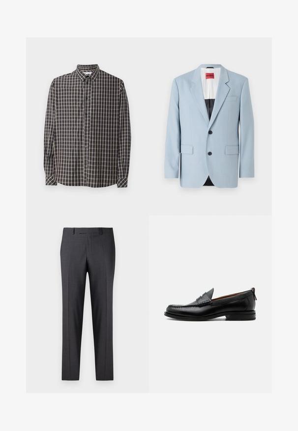 Hellblaues Sakko, einreihig, mit zwei Knöpfen, Reverskragen, Vordertaschen, Innenfutter mit schwarzer Biesen, glatte Stofftextur.; Langärmliges Button-Down-Hemd im dunkelblauen und beigen Karomuster. Verfügt über einen klassischen Kragen und vordere Knöpfe mit geradem Saum.; Maßgefertigte dunkelgraue Hosen aus einem glatten, strukturierten Stoff; mit flacher Vorderseite und geraden Beinen; minimalistisches Design ohne sichtbare Akzente.; Schwarzer Leder-Herrenschuh mit Mokassinnaht, Penny-Riemen, strukturiertem Kragen und niedrigem gestapeltem Absatz auf weißem Hintergrund.