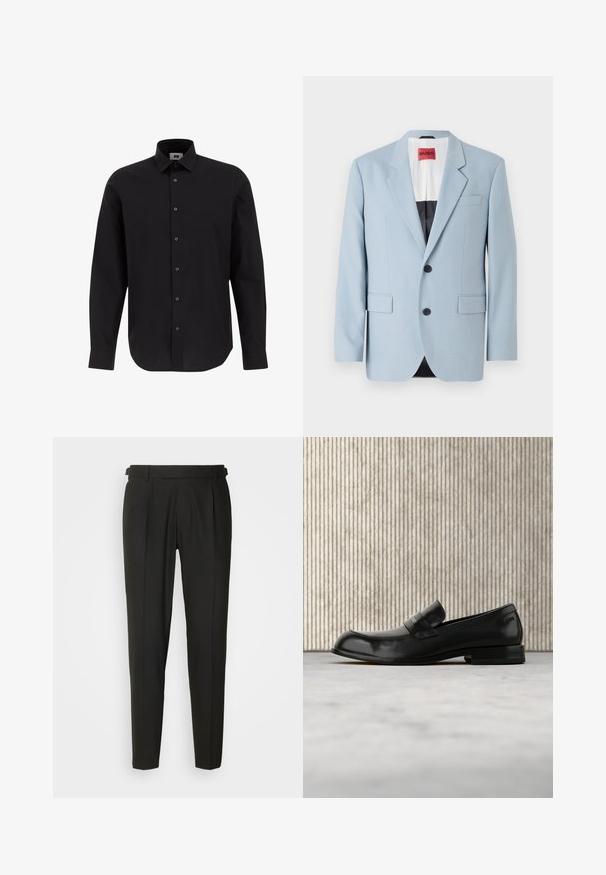 Hellblaues Sakko, einreihig, mit zwei Knöpfen, Reverskragen, Vordertaschen, Innenfutter mit schwarzer Biesen, glatte Stofftextur.; Schwarze Langarm-Hemdbluse aus gewebtem Stoff, ausgestattet mit einem klassischen Kragen, geradem Saum und schwarzen Knöpfen an der Vorderseite.; Schwarze maßgeschneiderte Hose mit flacher Vorderseite, zwei Falten, Gürtelschlaufen und geradem Bein. Hergestellt aus glattem, leichtem Stoff.; Schwarzer Leder-Loafer mit Metallakzent, der schwebend über einem beigen Teppich präsentiert wird, im Hintergrund ein runder, bernsteinfarbener Tisch.