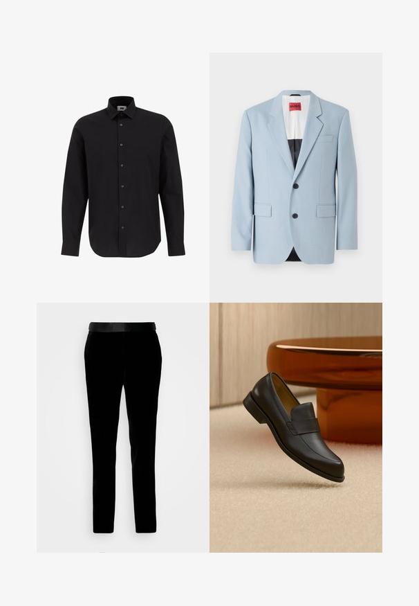 Blazer bleu clair, à un bouton, deux boutons, revers crantés, poches avant, intérieur avec doublure noire, texture de tissu lisse.; Chemise noire à manches longues, à boutons, en tissu tissé, avec un col classique, un ourlet droit et des boutons noirs sur le devant.; Pantalon en velours noir à coupe ajustée, texture lisse et ceinture assortie. Il présente des jambes droites et des poches latérales.; Mocassin en cuir noir à talon bas flottant au-dessus d'un sol moquetté beige près d'une table ronde marron.