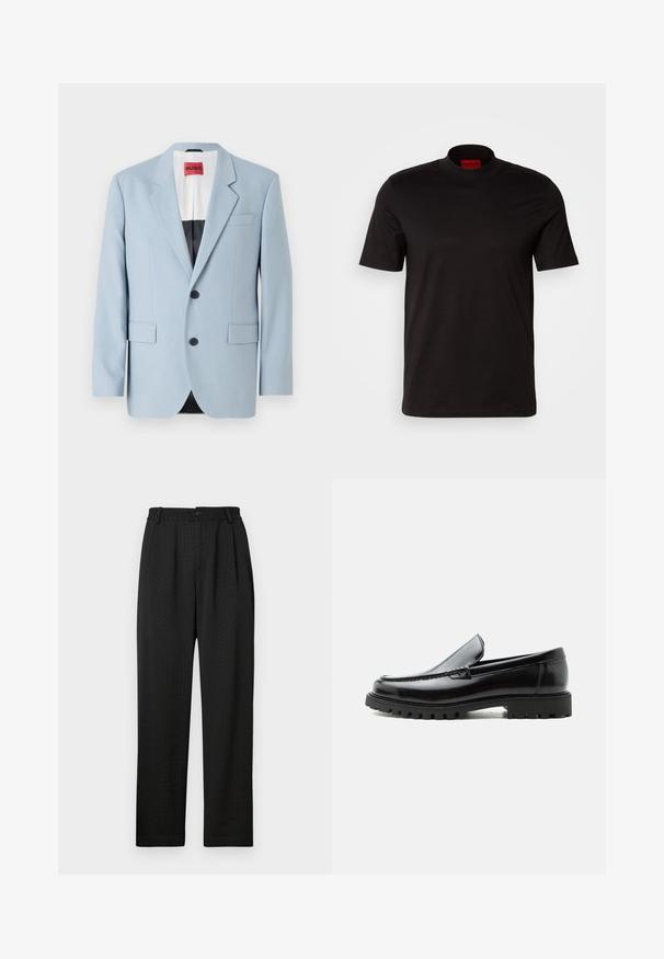 Blazer azul claro, de un solo botón, con dos botones, con solapas de pico, bolsillos frontales, interior con forro negro, textura de tela suave.; Camiseta negra de manga corta con un diseño de cuello alto. Fabricada con un tejido suave. Presenta una etiqueta de marca roja en el interior del cuello.; Pantalones negros con un patrón texturizado, que presentan una cintura ancha con un botón y pliegues delanteros para un ajuste entallado. Diseño de pierna recta.; Mocasín de cuero negro con suela de goma gruesa, empeine cosido y nombre de la marca en relieve en el talón, mostrado en perfil lateral sobre fondo blanco.