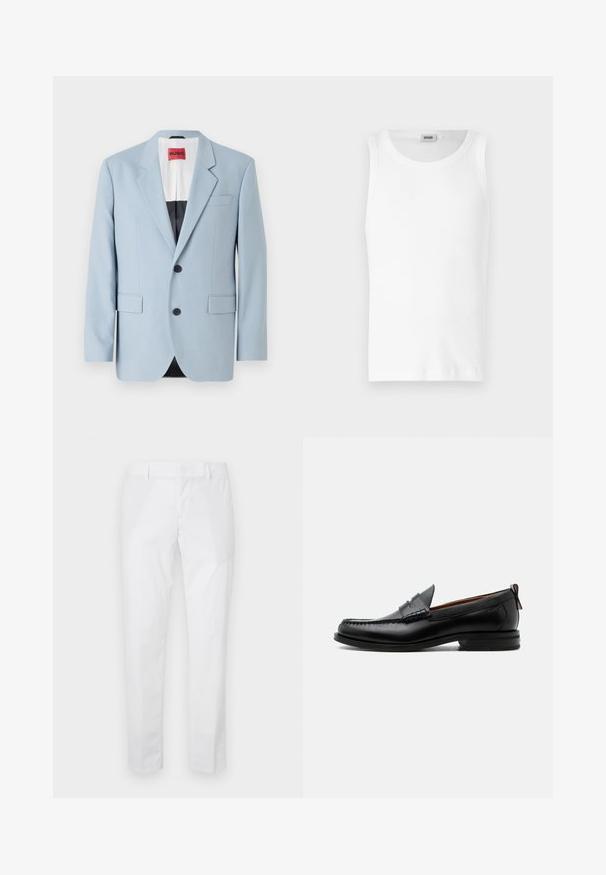 Blazer bleu clair, à un bouton, deux boutons, revers crantés, poches avant, intérieur avec doublure noire, texture de tissu lisse.; Débardeur en coton blanc sans manches avec un col rond et une texture lisse. Design simple, sans motifs ni accents.; Pantalon blanc slim-fit avec passants de ceinture et poches latérales, présenté à plat sur un fond clair.; Mocassin homme en cuir noir avec couture moc toe, bride penny, col texturé et petit talon empilé sur fond blanc.