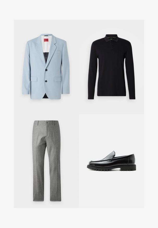 Lichtblauw blazer, enkelvoudig, met twee knopen, revers, voorzakken, interieur met zwarte voering, gladde stoftextuur.; Zwarte langslavige polo shirt van gladde stof. Heeft een kraag, een placket met drie knopen en een subtiele logo op de borst.; Grijze textuur broek met een rechte pijp ontwerp, voorzien van een voorste knoop- en ritssluiting. Subtiele visgraatpatroon detail.; Zwarte leren loafer met dikke rubberen zool, gestikte bovenkant en gegraveerde merknaam op de hiel, zijaanzicht op witte achtergrond.