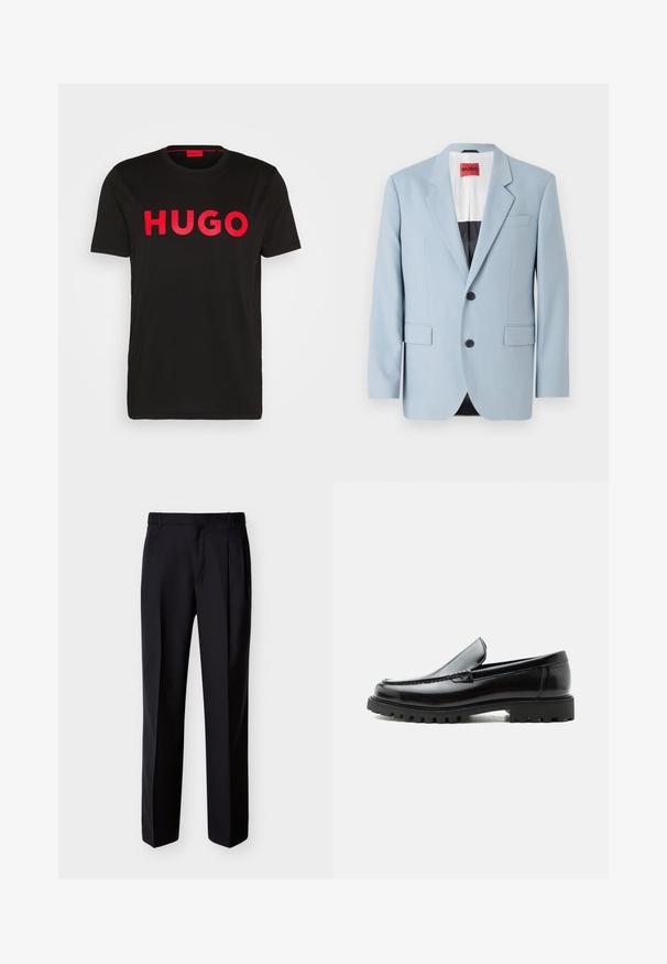 Blazer bleu clair, à un bouton, deux boutons, revers crantés, poches avant, intérieur avec doublure noire, texture de tissu lisse.; T-shirt en coton noir avec le texte "HUGO" en rouge vif sur le devant, manches courtes, col rond et coupe décontractée.; Pantalon noir ajusté à coupe droite, avec un devant plissé et des poches latérales. Confectionné dans un tissu lisse et léger à motif uni.; Mocassin en cuir noir avec semelle en caoutchouc épaisse, dessus cousu et nom de marque embossé sur le talon, présenté de profil sur fond blanc.