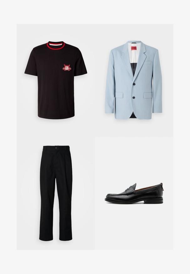 Blazer azul claro, de un solo botón, con dos botones, con solapas de pico, bolsillos frontales, interior con forro negro, textura de tela suave.; Camiseta de algodón negra con un cuello redondo acanalado en rojo y blanco. Tiene un logotipo bordado en rojo y blanco en el lado izquierdo del pecho.; Pantalones rectos negros con cintura con botones, trabillas para cinturón y pliegue frontal, exhibidos sobre un fondo blanco liso.; Mocasín de hombre de piel negra con costura moc toe, tira penny, cuello texturizado y tacón bajo apilado sobre fondo blanco.