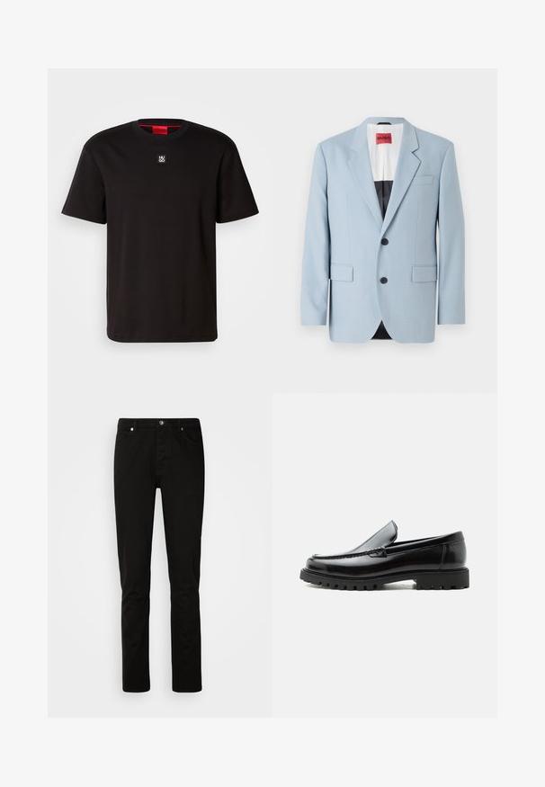 Blazer bleu clair, à un bouton, deux boutons, revers crantés, poches avant, intérieur avec doublure noire, texture de tissu lisse.; HUGO DALILE - T-shirt basique - black; Jeans noirs à jambe droite avec fermeture devant par bouton et fermeture éclair, poches avant et arrière, présentés sur un fond clair uni.; Mocassin en cuir noir avec semelle en caoutchouc épaisse, dessus cousu et nom de marque embossé sur le talon, présenté de profil sur fond blanc.