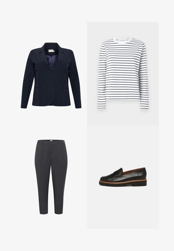 Blazer bleu marine avec une fermeture à un bouton, des revers crantés et deux poches latérales. Fabriqué en tissu lisse et texturé avec une coupe épurée.; Chemise à manches longues en coton blanc avec des rayures horizontales noires. Présente un col rond et une coupe décontractée. Pas d'accents ou de motifs notables.; Pantalons gris ajustés en tissu lisse. Comprend une fermeture à bouton, des passants de ceinture, et des jambes fuselées avec un ourlet retroussé.; Mocassins en cuir noir avec un bout arrondi, des détails de surpiqûre surélevés et une semelle marron contrastante dotée d'un motif de bande de roulement texturé.