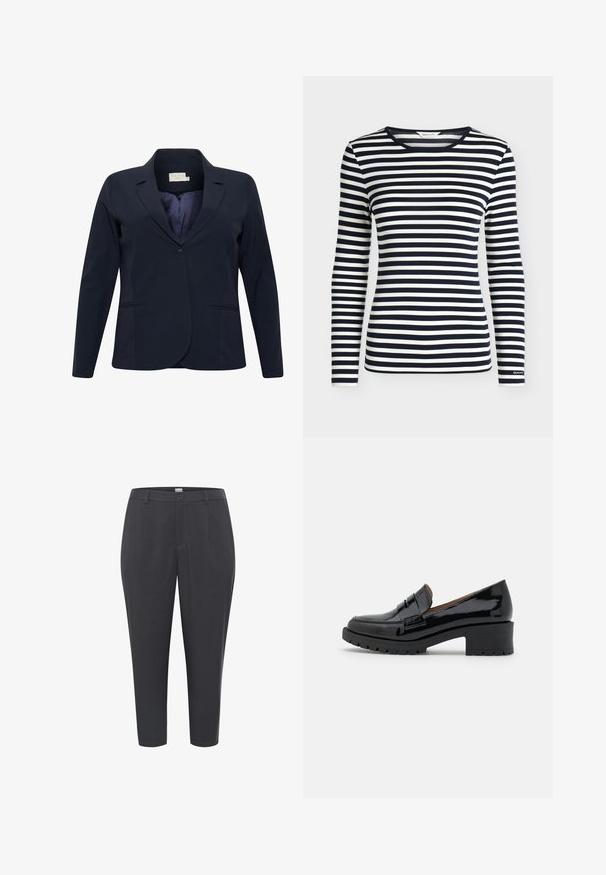 Blazer bleu marine avec une fermeture à un bouton, des revers crantés et deux poches latérales. Fabriqué en tissu lisse et texturé avec une coupe épurée.; Chemise à manches longues avec des rayures horizontales bleu marine et blanches et un col rond, brandée GANT sur le bord de la manche.; Pantalons gris ajustés en tissu lisse. Comprend une fermeture à bouton, des passants de ceinture, et des jambes fuselées avec un ourlet retroussé.; Mocassins en cuir verni noir avec un petit talon épais, présentant un détail de sangle sur le devant et une semelle en caoutchouc texturé pour une meilleure adhérence.
