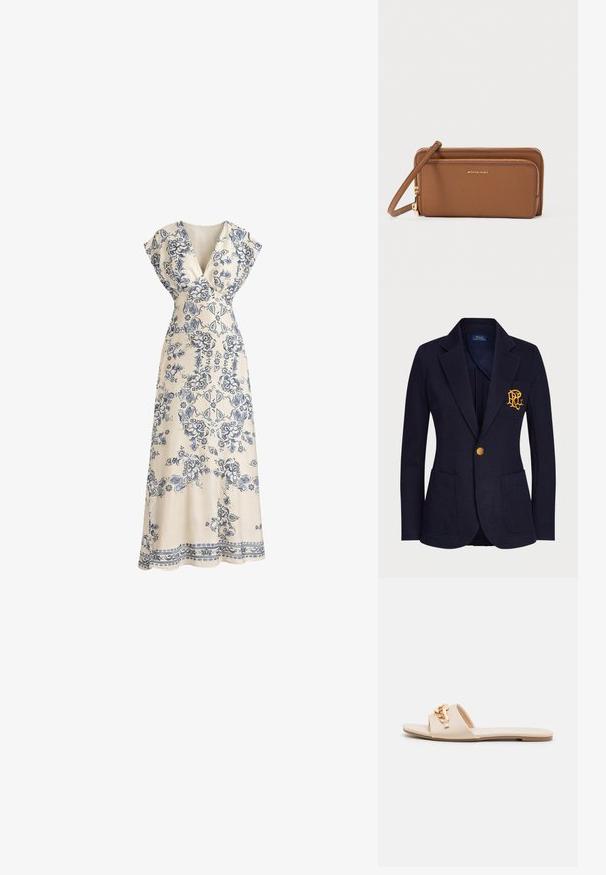 Marineblazer aus strukturiertem Stoff mit einem goldenen Knopf und einem gestickten Logo auf der Brusttasche. Verfügt über zwei Fronttaschen.; Cremes Maxi-Kleid mit blauen, filigranen Blumen- und geometrischen Mustern, tiefem V-Ausschnitt und kurzen Ärmeln.; Beige Rutsch-Sandalen mit offenen Zehen, flacher Sohle und dekorativen metallischen Kettenakzenten am Riemen. Glattes Material mit minimaler Textur.; Braunes Lederportemonnaie mit strukturierter Oberfläche, goldfarbenem Reißverschluss, Handgelenkriemen und eingeprägtem Logo. Verfügt über mehrere Fächer für Karten und Bargeld.
