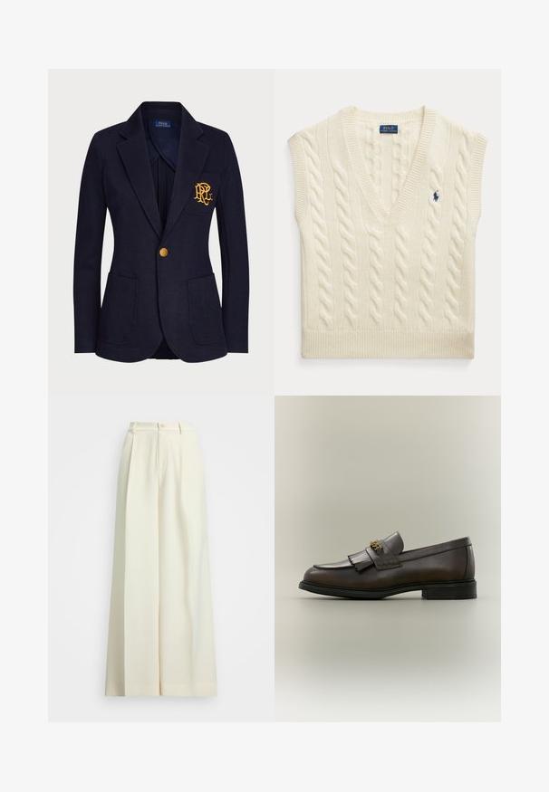 Blazer azul marino con botón dorado, dos bolsillos delanteros y logotipo bordado en oro en el bolsillo izquierdo del pecho.; Chaleco de punto con diseño de cable en color crema, sin mangas, con cuello en V y pequeño logo azul oscuro de Polo Ralph Lauren en el pecho.; Pantalones de pierna ancha en tejido blanco roto, con cintura alta, pinzas dobles y cierre de botón. Textura suave y diseño a medida.; Mocasín de cuero marrón oscuro con detalle de flecos y hebilla dorada en suela negra, mostrado de lado sobre un fondo neutro.