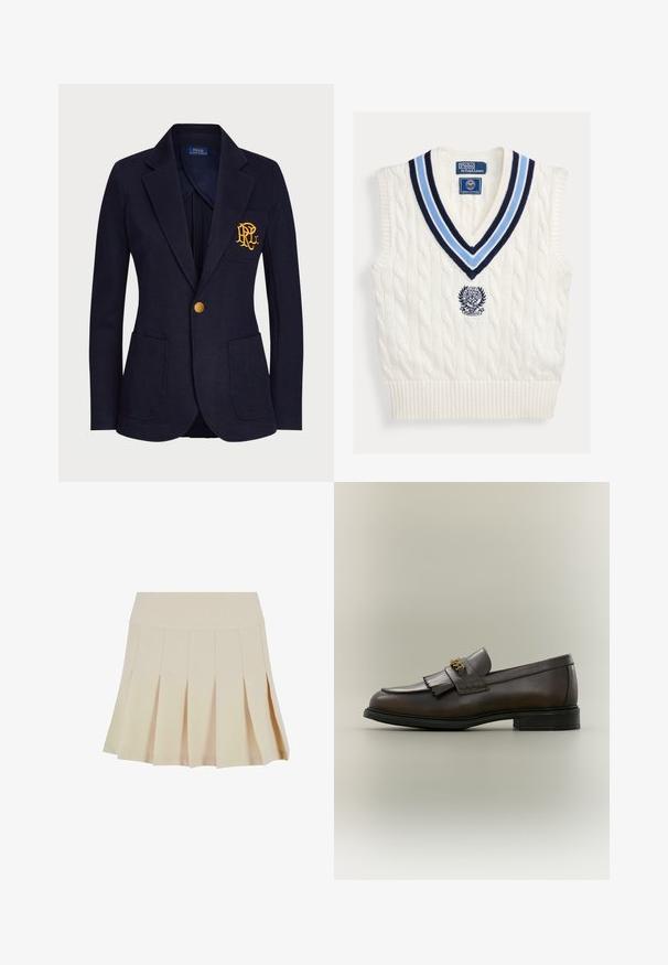 Marineblå blazer med guldknap, to forlommer og guldbroderet logo på venstre brystlomme.; Hvid kabelstrikket ærmeløs sweatervest med blåstribet V-hals og Polo Ralph Lauren Wimbledon-logo på brystet.; Beige plisseret nederdel med en tætsiddende talje, lavet af et glat stof. Har flere lodrette plisser og en lige kant.; Mørkebrun læderloafer med frynser og guldbeslag på sort sål, vist fra siden på en neutral baggrund.