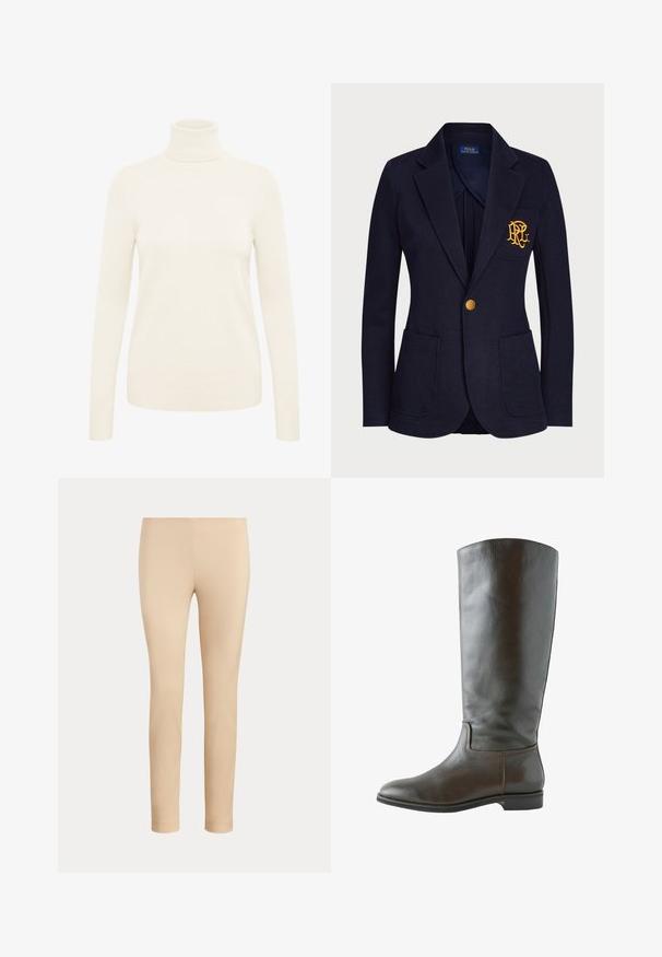 Veste bleu marine avec bouton doré, deux poches avant et logo brodé en or sur la poche poitrine gauche.; Pull à col roulé crème fabriqué à partir d'un tissu en maille doux. Il dispose de manches longues et de poignets et d'un ourlet côtelés.; Pantalon beige slim fit longueur cheville avec une finition lisse, sans poches visibles ni ornements, sur un fond uni.; Botte en cuir marron montant, avec une texture lisse, un bout arrondi et peu de détails de couture. Semelle plate avec un petit talon.