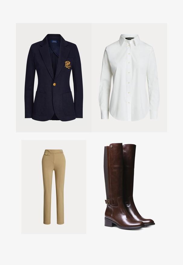Veste bleu marine avec bouton doré, deux poches avant et logo brodé en or sur la poche poitrine gauche.; Chemise blanche à manches longues, boutonnée, avec un col classique et des boutons visibles à l'avant, présentée sur un fond uni.; Pantalons slim beige pour femmes avec taille haute, deux boutons sur le côté et une petite poche à rabat boutonnée près de la taille.; Bottes haute en cuir marron avec finition lisse, panneau en tissu contrastant, détail de boucle à la cheville et petit talon carré.