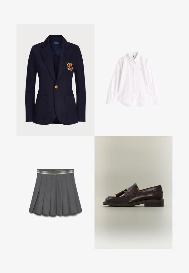 Veste bleu marine avec bouton doré, deux poches avant et logo brodé en or sur la poche poitrine gauche.; Chemise blanche en coton avec un col classique, des manches longues et un ourlet incurvé. Présente un petit logo coloré sur la poitrine.; Jupe plissée grise foncée avec une taille élastique rayée dans des nuances claires et foncées, posée à plat sur un fond blanc.; Mocassin en cuir marron foncé avec pampilles, talon bas et semelle cousue, montré de profil sur un fond neutre.