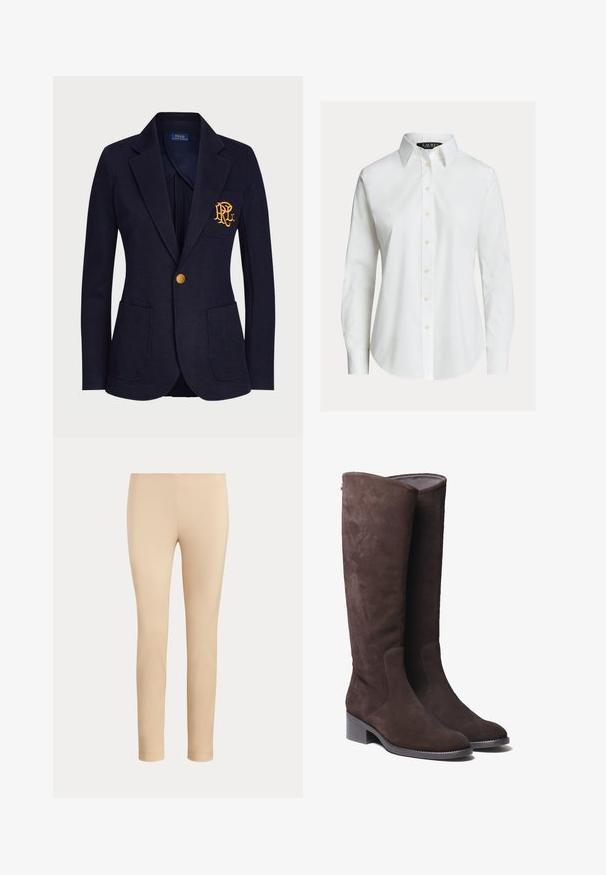 Marineblå blazer med guldknap, to forlommer og guldbroderet logo på venstre brystlomme.; Hvid skjorte med lange ærmer, knapper foran, spids krave og let buet kant.; Beige slim-fit ankellange bukser med en glat finish og uden synlige lommer eller pynt på en ensfarvet baggrund.; Brune ruskind knæhøje støvler med en let afrundet tå og lav blokhæl. Har diskrete syningsdetaljer langs siderne.