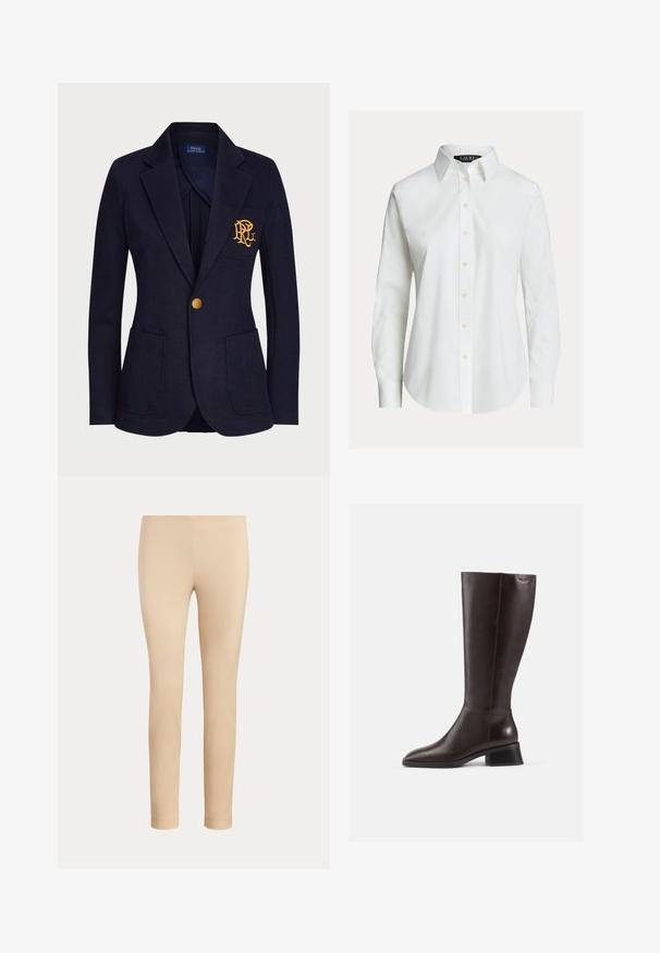 Marineblauw colbert met gouden knoop, twee voorzakken en goud geborduurd logo op de linkerborstzak.; Witte overhemd met lange mouwen, knopen aan de voorkant, puntige kraag en licht gebogen zoom.; Beige slim-fit enkellange broek met een gladde afwerking en zonder zichtbare zakken of versieringen op een effen achtergrond.; Kniehoge bruine leren laarzen met een gladde afwerking, ronde neus en een gestapelde zwarte hak. Eenvoudig ontwerp met minimale hardwaredetails.