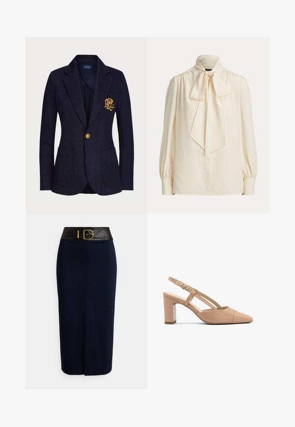 Marineblauer Blazer mit goldfarbenem Knopf, zwei Fronttaschen und golden besticktem Logo auf der linken Brusttasche.; Cremefarbene Langarmbluse mit hohem Kragen und großer gebundener Schleife am Hals, mit gerafften Schultern und geknöpften Manschetten.; Marineblauer Bleistiftrock mit einem breiten schwarzen Bund und einer großen goldenen Schnalle, ausgestattet mit einer vorderen Naht und einem dezenten Schlitz vorne.; Beige Leder Slingback-Absätze mit einer spitzen Zehenform, Blockabsatz und einem Riemen mit einer kleinen goldenen Schnalle. Glatte Textur, minimalistisches Design.