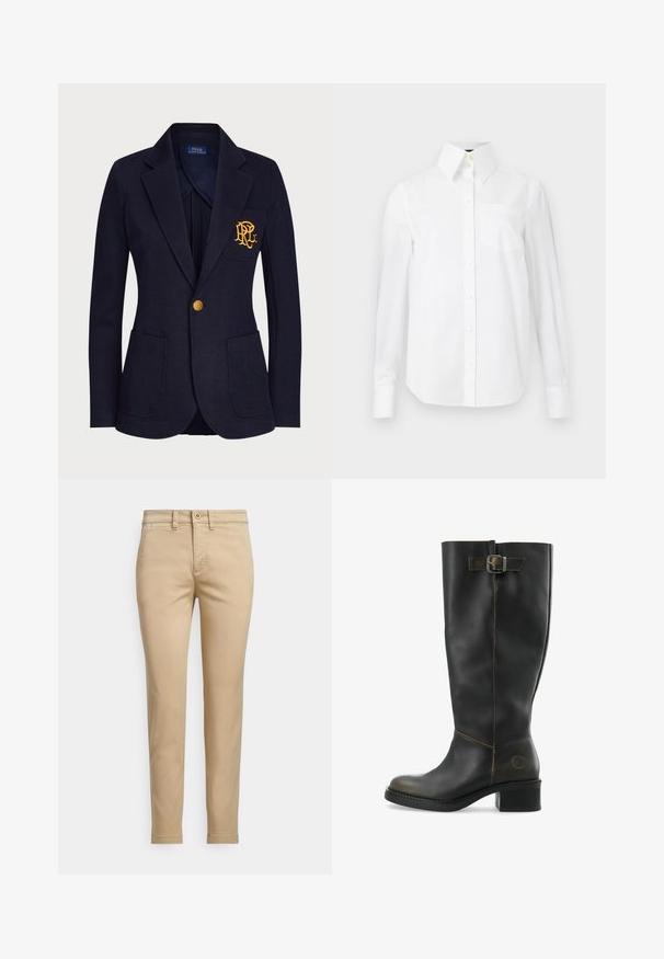 Marineblauwe blazer van textuurstof met een gouden knoop en een geborduurd logo op de borstzak. Inclusief twee voorkanten zakken.; Witte lange mouwen shirt van katoen, met een spitse kraag, een borstzak en knoopsluiting aan de voorkant. Gave textuur.; Beige katoenen chino's met een rechte pasvorm, voorzien van een knoopsluiting, voorzakken en gestikte details langs de naden.; Zwarte leren kniehoge laars met een chunky hak, voorzien van een zijgesp accent en contrasterende stiksels langs de naden. Glad textuur.