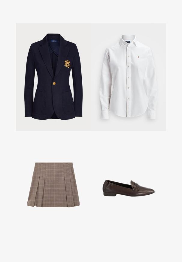 Blazer navy en tissu texturé avec un bouton doré et un logo brodé sur la poche poitrine. Comprend deux poches avant.; Chemise blanche à manches longues en coton, dotée d'un col classique et d'un petit logo brodé sur la poitrine.; Jupe mini plissée à carreaux marron avec des fentes latérales et une taille haute, présentant un motif à carreaux subtil.; Mocassin plat en cuir marron foncé avec bout pointu, talon bas et détail de sangle décorative sur le dessus.