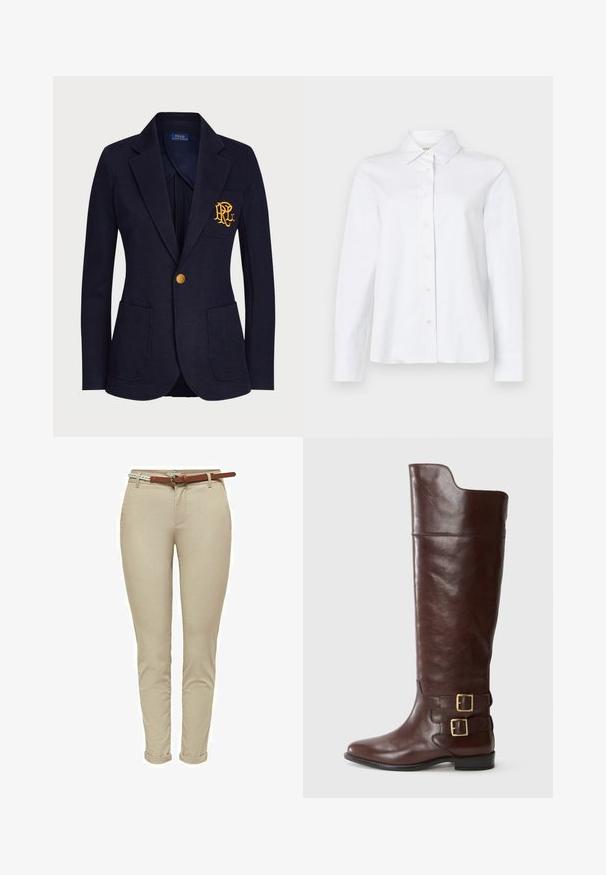 Veste bleu marine avec bouton doré, deux poches avant et logo brodé en or sur la poche poitrine gauche.; CLOSED CLASSIC SHIRT WITH STRAP DETAIL - Chemisier - white; Pantalons beige ajustés en coton avec une texture lisse, dotés d'une ceinture en cuir marron et de revers roulés pour plus de détails.; Botte en cuir marron montante avec un bout arrondi, dotée de deux boucles en métal doré au niveau de la cheville et d'une texture lisse et polie.