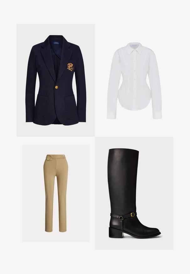 Marineblå blazer med guldknap, to forlommer og guldbroderet logo på venstre brystlomme.; Hvid slim fit bluse med lange ærmer, spids krave og knapper foran, med subtile sømdetaljer for form.; Beige skræddersyede bukser med en glat tekstur, høj talje, to dekorative knapper og en enkelt baglomme. Lige ben-design.; Sort læderknæhøj støvle med lav blokhæl og dekorativ rem med en lille guldspænde ved anklen.