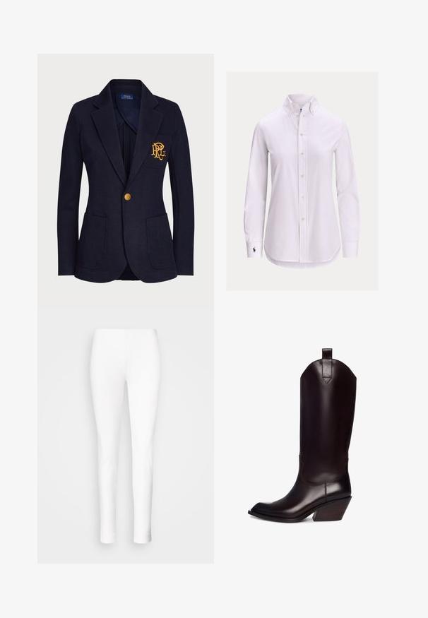 Marineblauer Blazer mit goldfarbenem Knopf, zwei Fronttaschen und golden besticktem Logo auf der linken Brusttasche.; Weißes langärmliges Hemd mit Knopfleiste, geknöpftem Kragen und kleinem gesticktem Logo auf der linken Manschette.; Weiße Leggings aus dehnbarem Material. Eng anliegendes Design mit glatter Textur, das sich an den Knöcheln verjüngt, ohne sichtbare Verschlüsse oder Verzierungen.; Braune Leder-Cowboy-Stiefel mit spitzem Zehenbereich, hohem Schaft und schrägem Holzabsatz. Verfügt über eine Schlaufe für ein einfaches Anziehen.