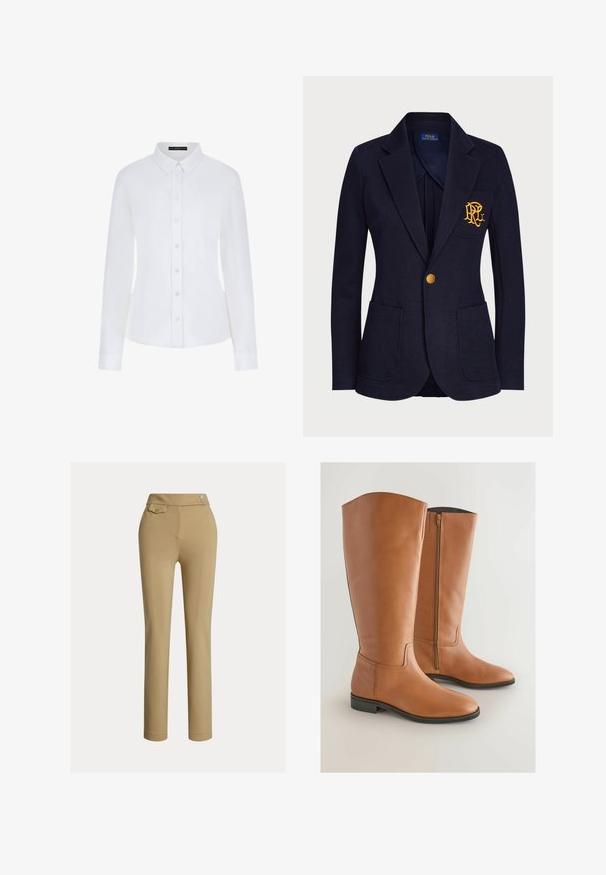 Marineblauw colbert met gouden knoop, twee voorzakken en goud geborduurd logo op de linkerborstzak.; Witte lange mouwen shirt met een kraag, knoopsluiting aan de voorkant en manchetten. Gemaakt van soepel materiaal met een getailleerd ontwerp en zonder zichtbare patronen.; Beige op maat gemaakte broek met een zachte textuur, hoge taille, twee decoratieve knopen en een enkele achterzak. Recht gesneden ontwerp.; Kastanjebruine leren laarzen tot de knie met een gladde afwerking, voorzien van een zijklep en een lage zwarte rubberen hak. Minimalistisch ontwerp en een ronde neus.