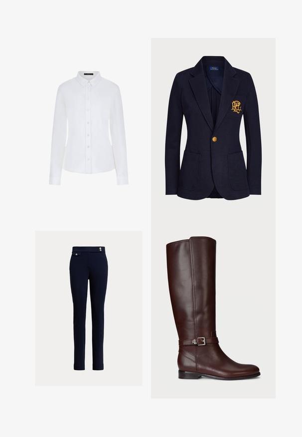 Blazer azul marino con botón dorado, dos bolsillos delanteros y logotipo bordado en oro en el bolsillo izquierdo del pecho.; Camisa blanca de manga larga con cuello, cierre de botones en la parte delantera y puños. Elaborada en una tela suave con un diseño ajustado y sin patrones visibles.; Pantalones slim-fit azul marino con cintura alta, bolsillo frontal con solapa y botón, y dos botones decorativos en la cintura.; Bota de cuero marrón hasta la rodilla con una textura suave, acento de hebilla en tono plateado y un tacón bajo apilado. Presenta un sutil detalle de costura.