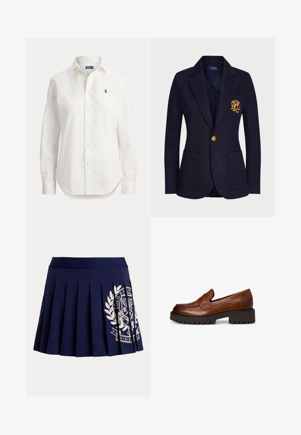Marineblauwe blazer van textuurstof met een gouden knoop en een geborduurd logo op de borstzak. Inclusief twee voorkanten zakken.; Witte blouse met lange mouwen, knopen, kraag en klein blauw logo van een polospeler op de linkerborst.; Marineblauwe geplooide rok met brede tailleband en wit tennis-thema wapenlogo aan de rechteronderkant.; Bruine leren loafer met dikke zwarte profielzool en lage blokhak, getoond vanaf de zijkant op een witte achtergrond.