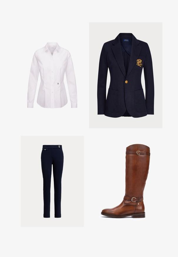 Veste bleu marine avec bouton doré, deux poches avant et logo brodé en or sur la poche poitrine gauche.; Chemise blanche à manches longues avec col classique, patte de boutonnage frontale, pinces latérales et un détail de rose noire brodée près de l'ourlet.; Un pantalon slim-fit bleu marine avec taille haute, présentant des boutons décoratifs et une petite poche rabat sur le côté droit.; Bottes en cuir marron jusqu'aux genoux avec une finition lisse, un bout rond, une sangle décorative avec une boucle circulaire, et un talon bas empilé.
