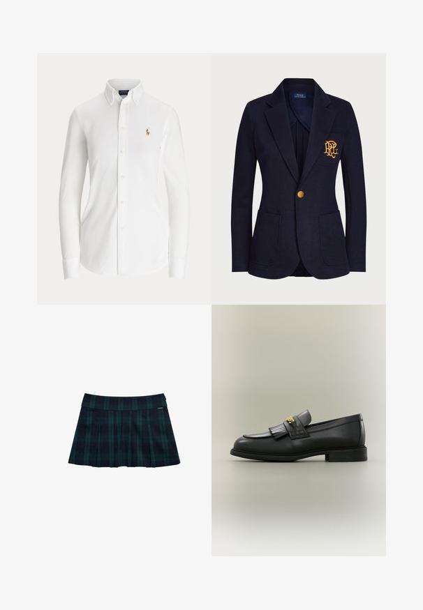 Marineblå blazer med guldknap, to forlommer og guldbroderet logo på venstre brystlomme.; Hvid skjorte med lange ærmer og knapper, med knaplukket krave og lille broderet polo-spillerlogo på brystet.; Rynket nederdel med tern i mørkegrøn og marineblå med en glat talje og logo-accent. Har et klassisk, lagdelt rynkedesign.; Sort læderloafer med frynsedetalje og guldemblem på neutral baggrund, set fra siden.